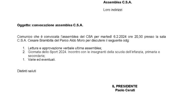 Convocazione assemblea CSA 6 febbraio 2024