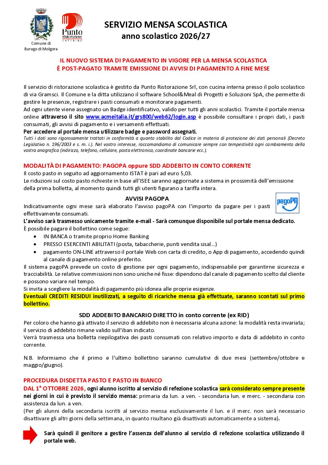 BURAGO INFORMATIVA DISDETTA PASTO-PAGOPA 2026-27