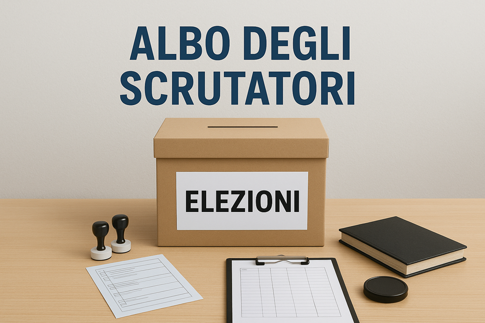 Immagine di un seggio elettorale con urna, timbri, registri e la scritta 