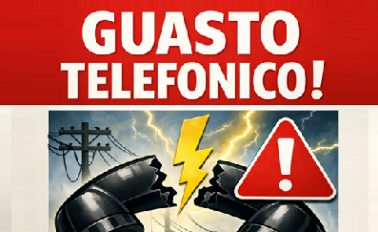 cornetta del telefono rotta con messaggio di guasto telefonico
