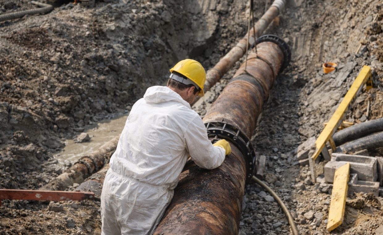 Operaio che lavora su un acquedotto