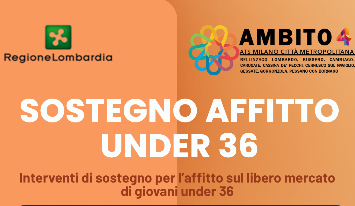logo regione lombardia e ambito distretto 4 con scrita bianca sostegno affitto under 36 su sfondo arancio