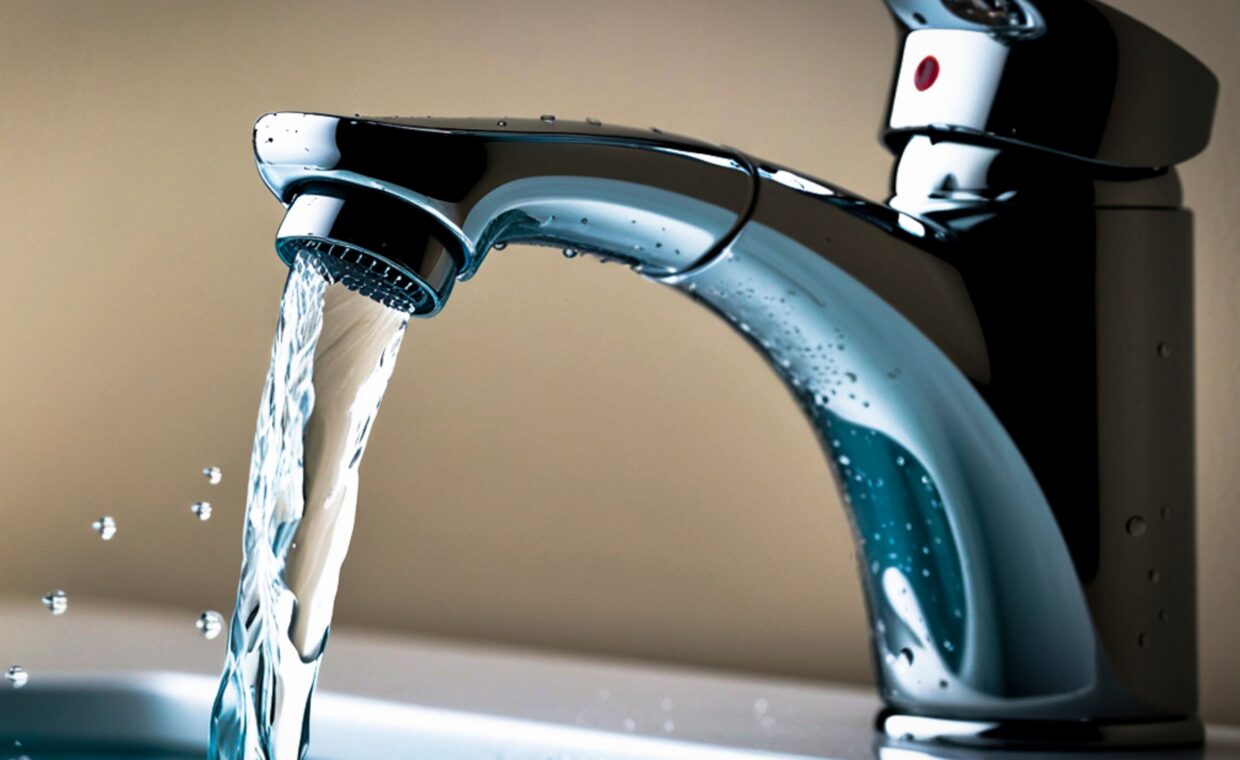 Rubinetto in primo piano con acqua che scorre