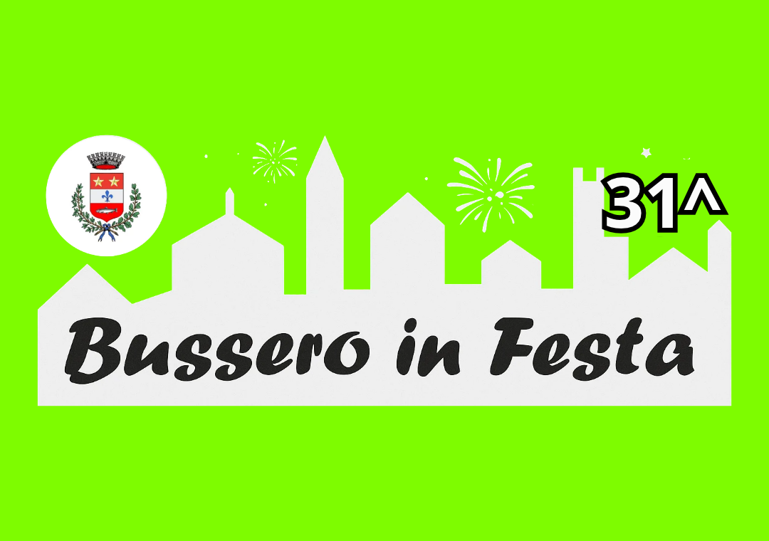logo bussero in festa con rappresentazione stilizzata di una città