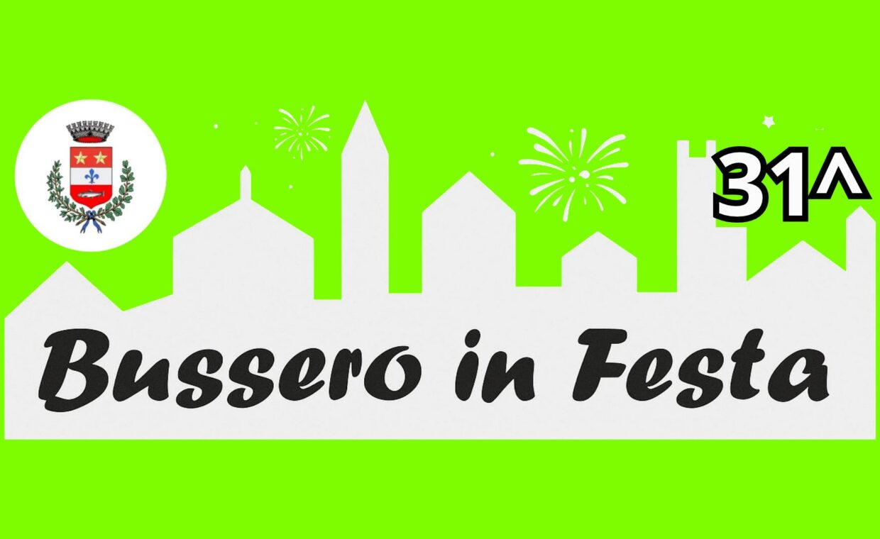 logo bussero in festa con rappresentazione stilizzata di una città