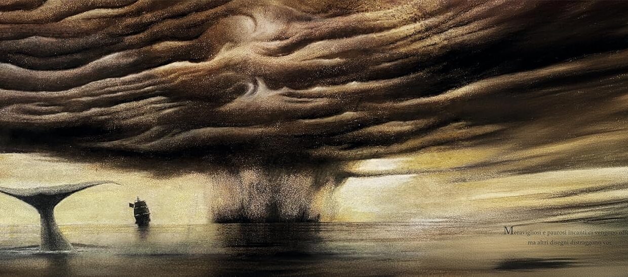 Illustrazione del mare con una coda di balena, realizzata da Guido Rosa e tratta dall'opera 