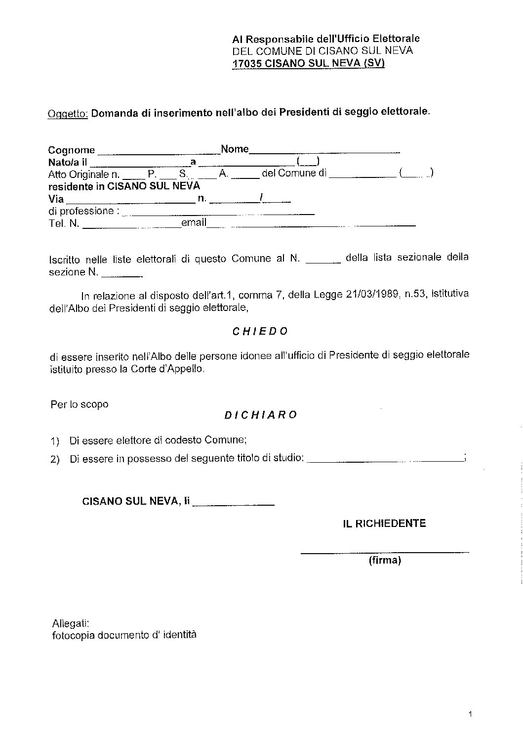 DOMANDA PRESIDENTE SEGGIO