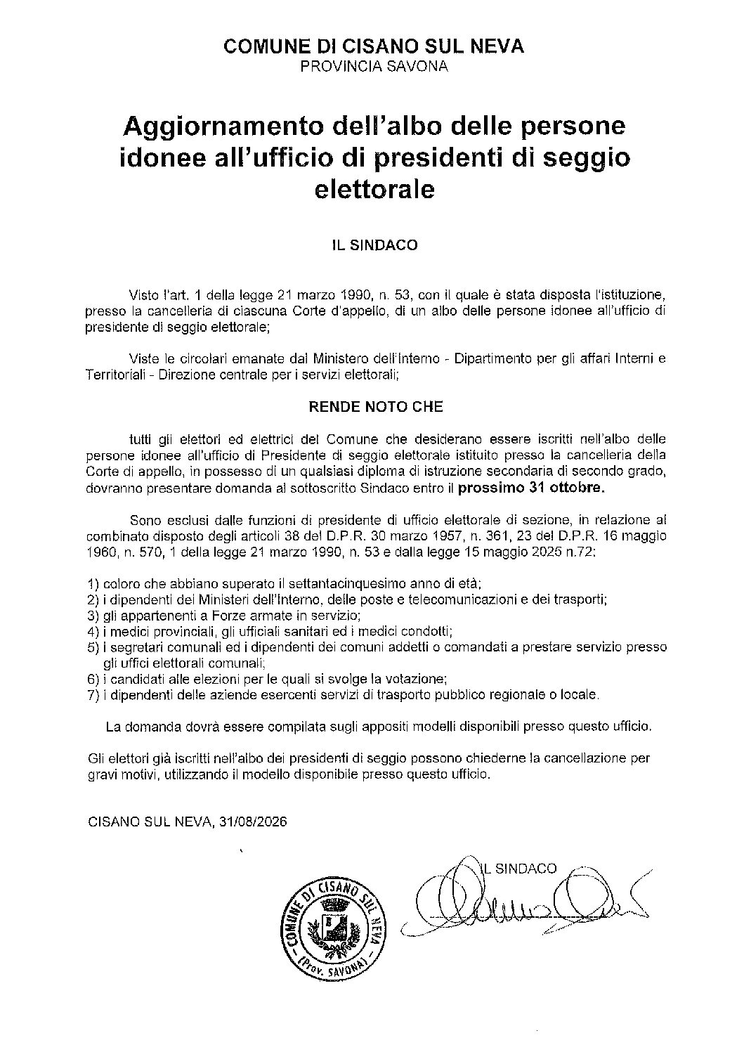 MANIFESTO PRES. SEGGIO 2026