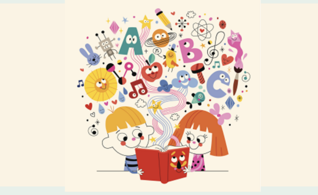 due bambini aprono un libro dal quale escono lettere e immagini