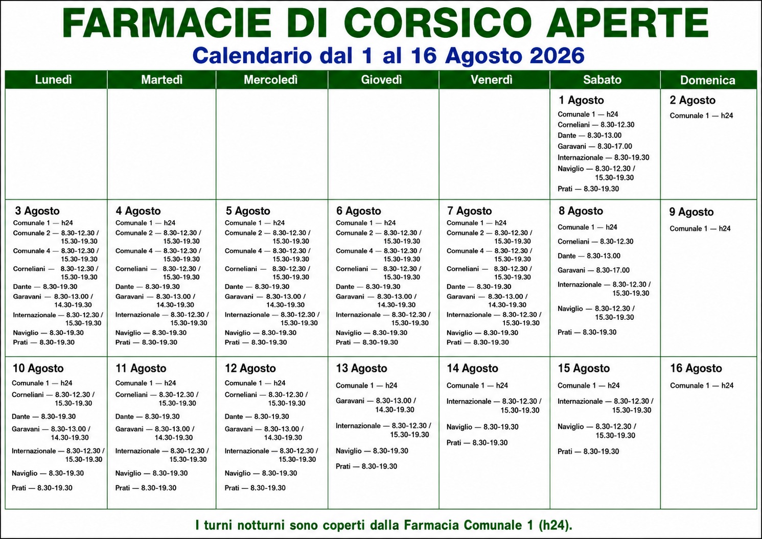 FARMACIE DI CORSICO APERTURE 1-16 AGOSTO