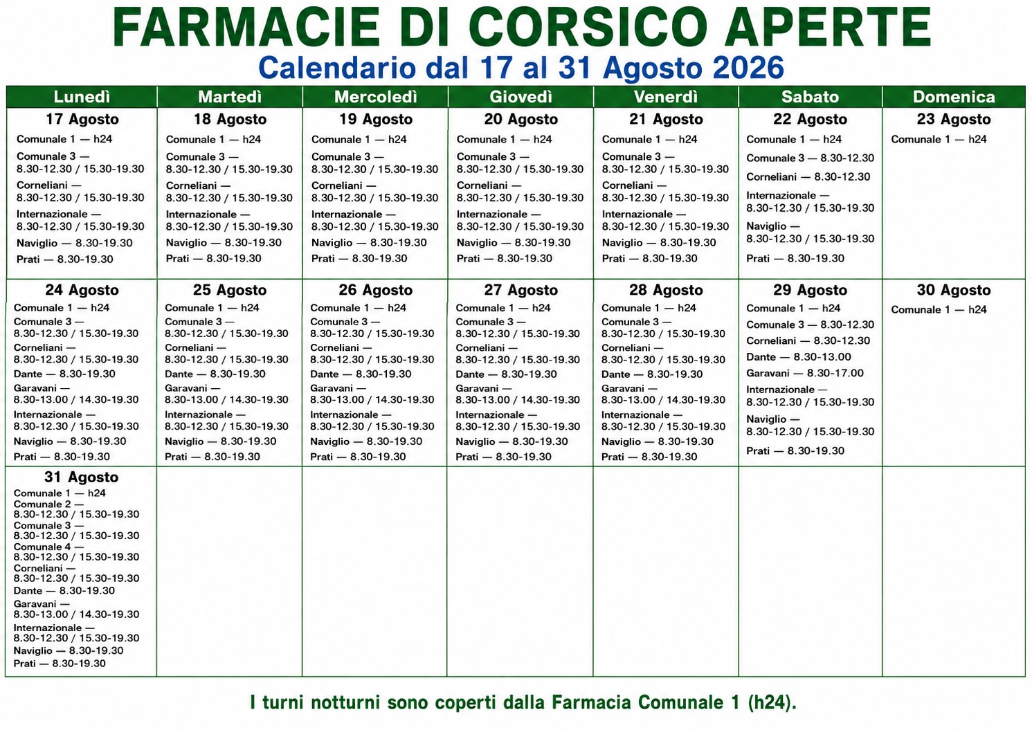 FARMACIE DI CORSICO APERTURE 17-31 AGOSTO