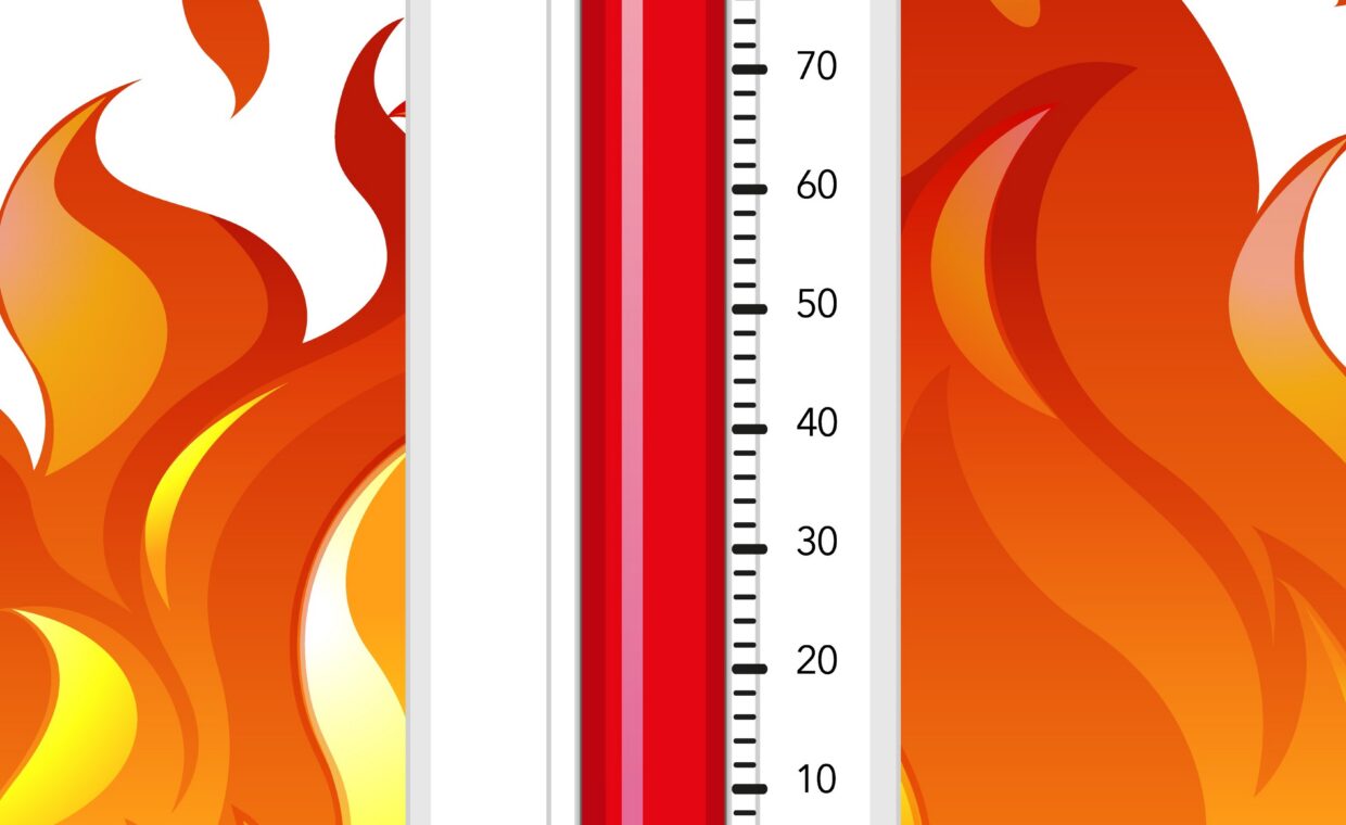 Thermometer on fire on white background