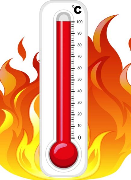 Thermometer on fire on white background
