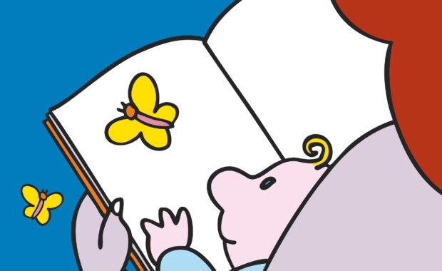 Disegno di una mamma che legge, con in braccio un bimbo