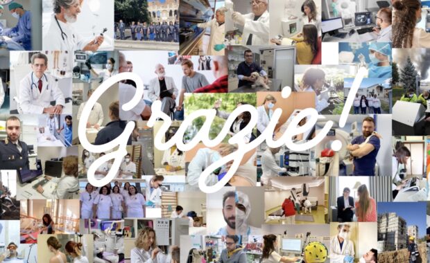 Collage di foto di operatori sanitari, con la scritta "grazie"
