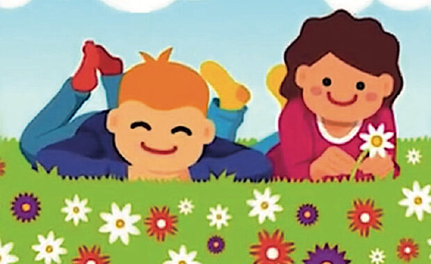 Disegno di bambini felici su un prato