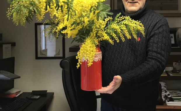 Il Sindaco Barletta con in mano un vaso di mimose