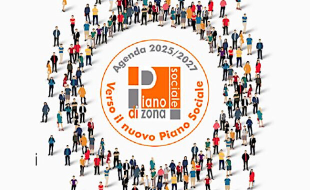 Logo del Piano Sociale di Zona, circondato da tante persone disegnate