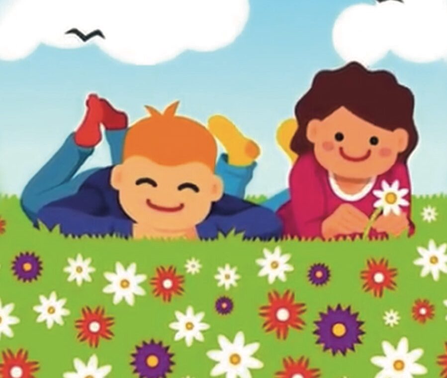 Disegno di due bambini sdraiati su un prato