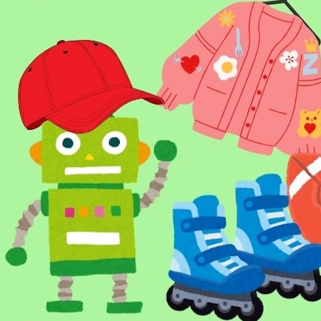Disegno di un robot giocattolo, pattini, cappello, palla da football americano, giubbotto