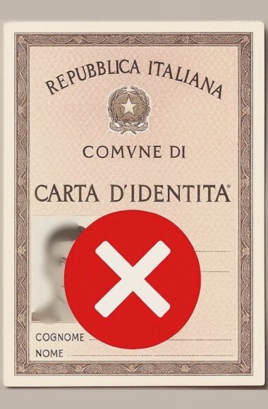 Foto di una carta di identità cartacea con una X rossa