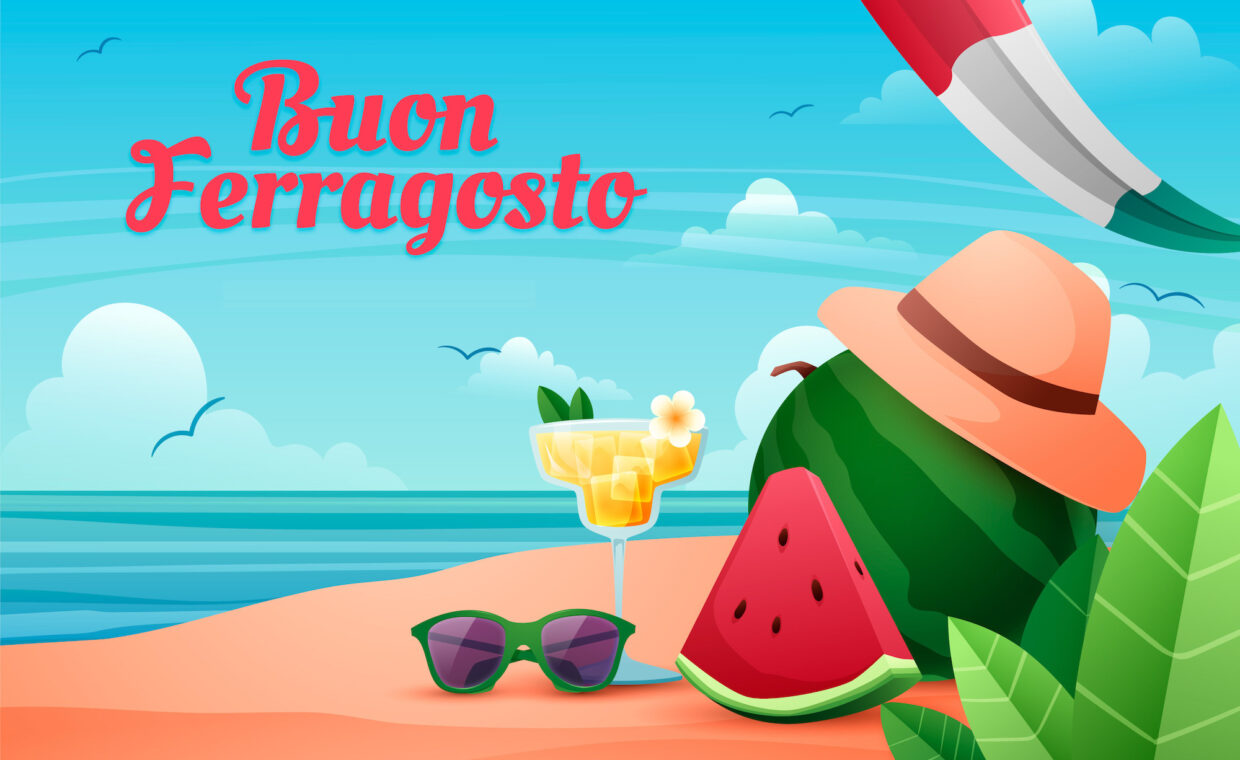 Disegno di una spiaggia, di una anguria e di un paio di occhiali da sole