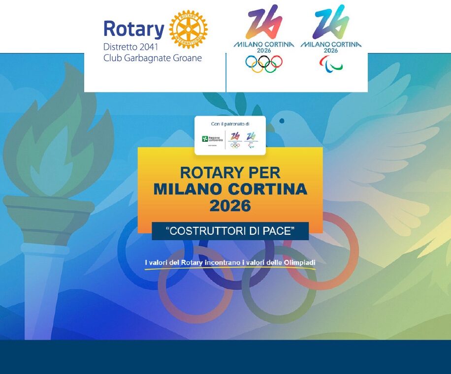 Loghi del Rotary, di Milano-Cortina, disegno di una torcia olimpica, di una colomba, di una montagna, e dei 4 cerchi olimpici