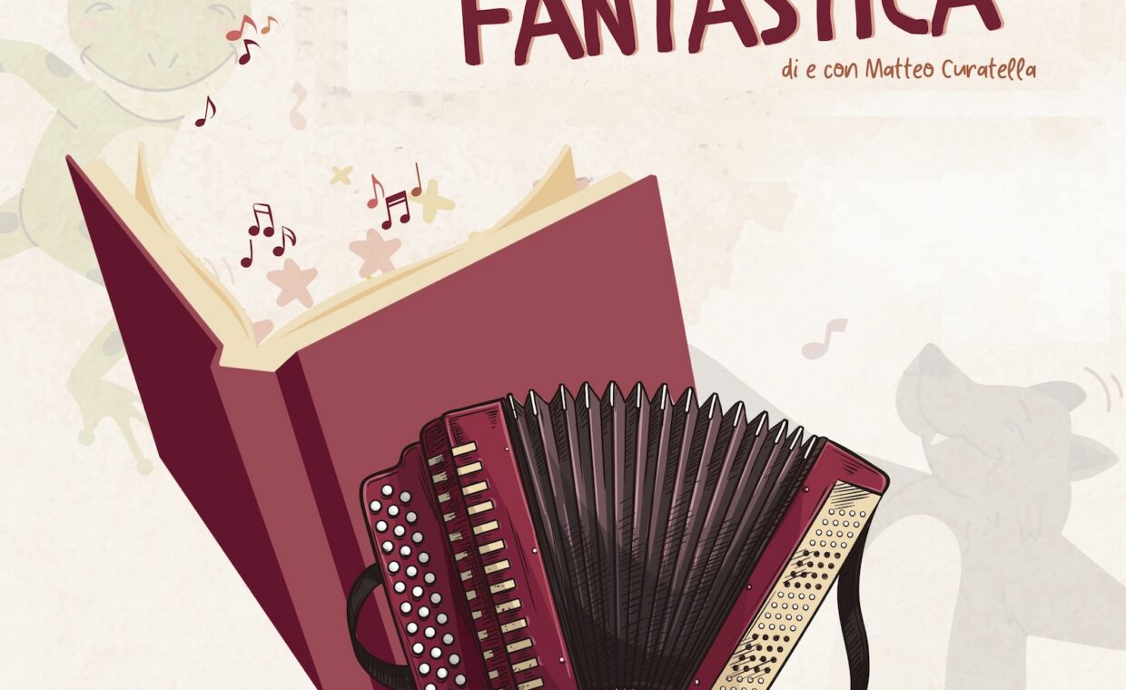 Un libro, una fisarmonica e alcuni animali, tutti disegnati