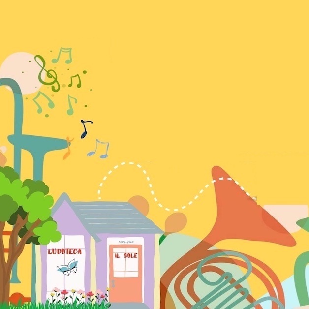 La Ludoteca Il Sole stilizzata e degli strumenti musicali