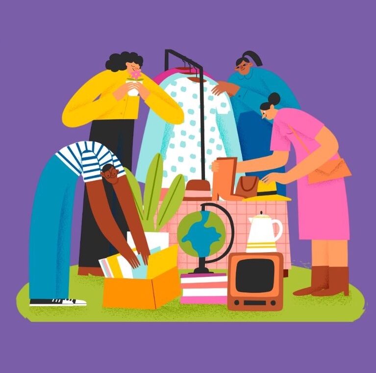 Persone stilizzate che scambiano oggetti.