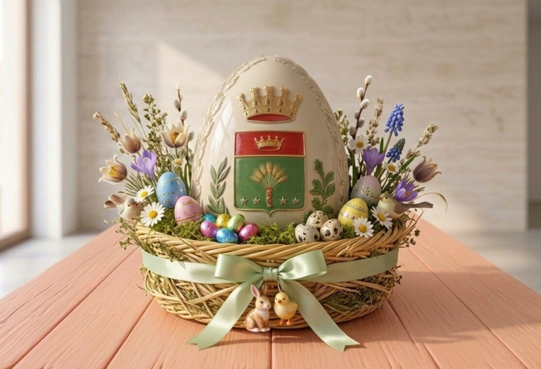Un uovo di Pasqua, con inciso lo stemma del Comune di Garbagnate, all'interno di un cesto con decorazioni pasquali