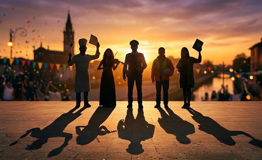 Lavoratori immortalati al tramonto, in uno scenario festoso