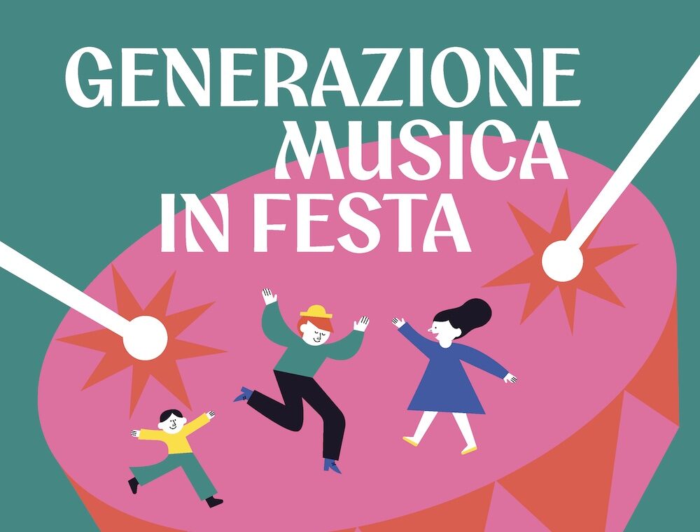 Tre persone in festa, disegnate su un tamburo