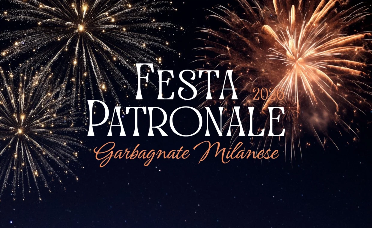 Logo della Festa Patronale, su uno sfono di fuochi d'artificio