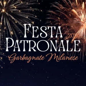 Logo della Festa Patronale, su uno sfono di fuochi d'artificio