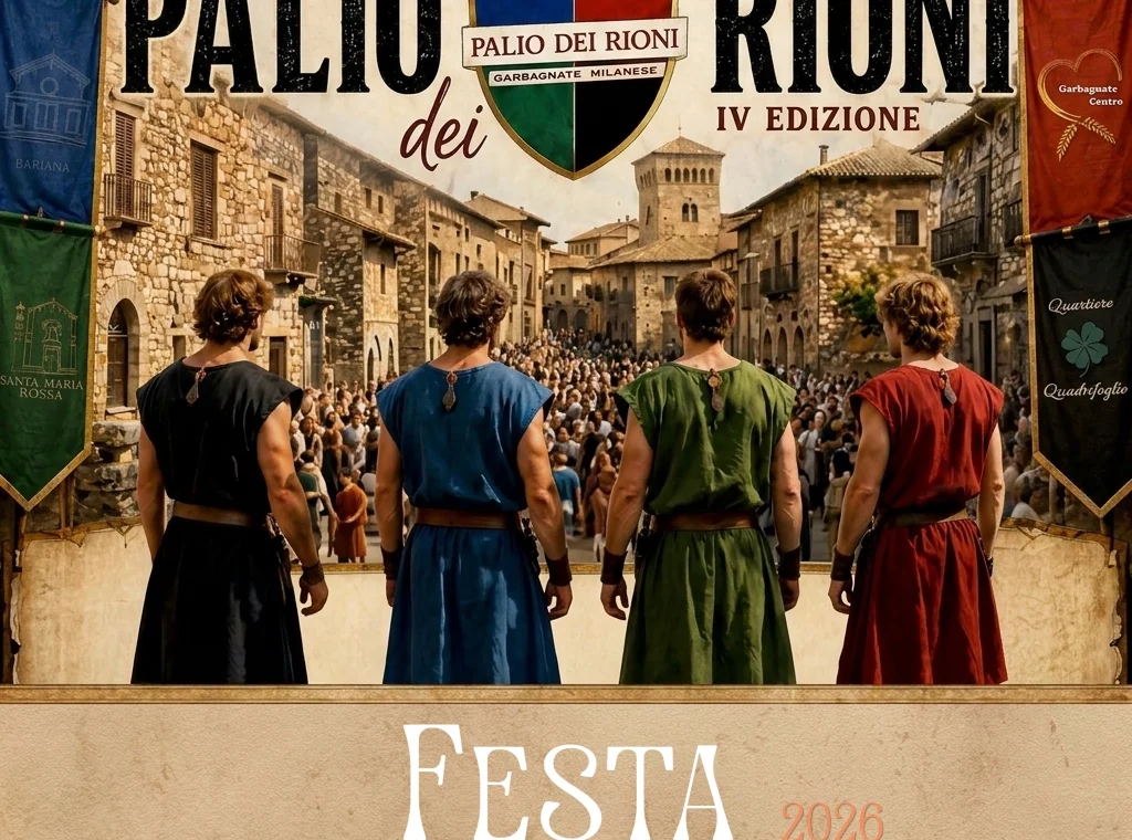 Quattro uomini, di spalle, vestiti con i colori dei rioni, in una ambientazione medievale
