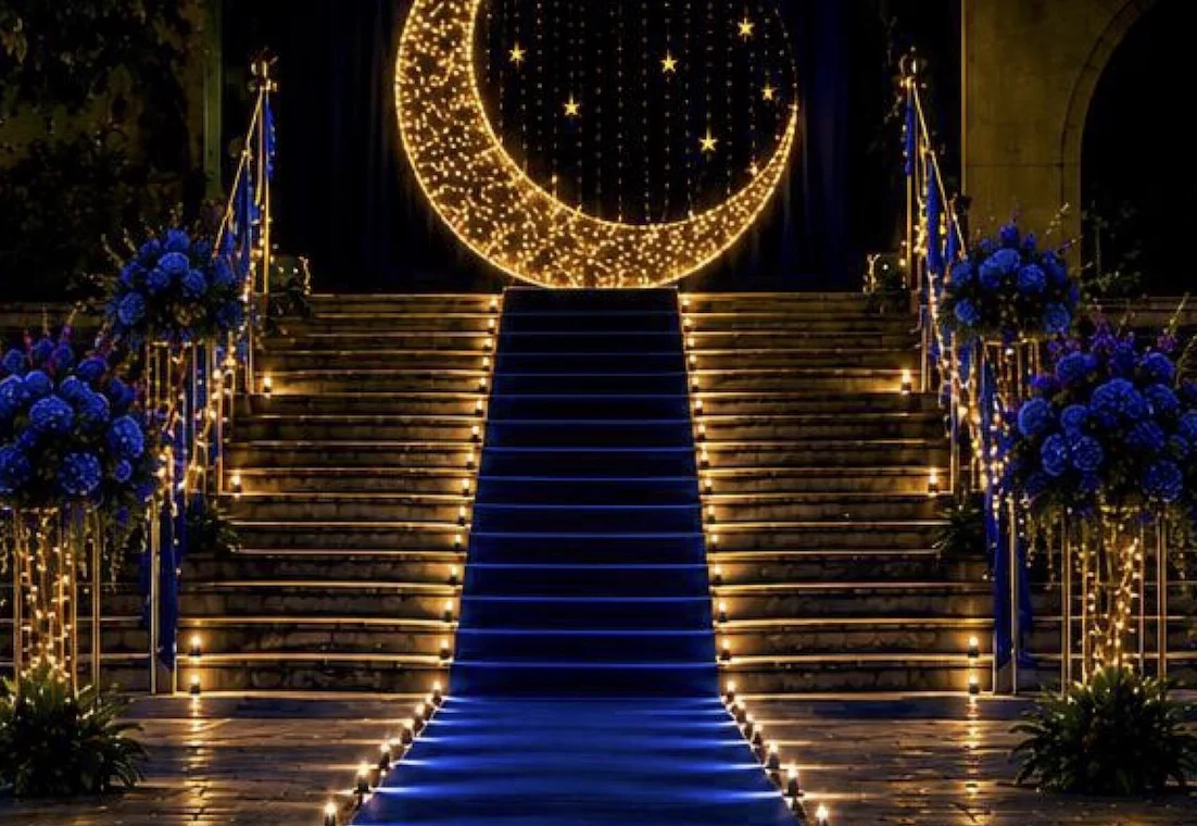 Una scalinata illuminata per una sfilata di Moda