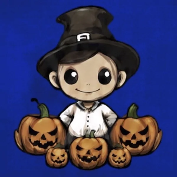 Disegno di un ragazzino con il cappello da stregone, e delle zucche davanti