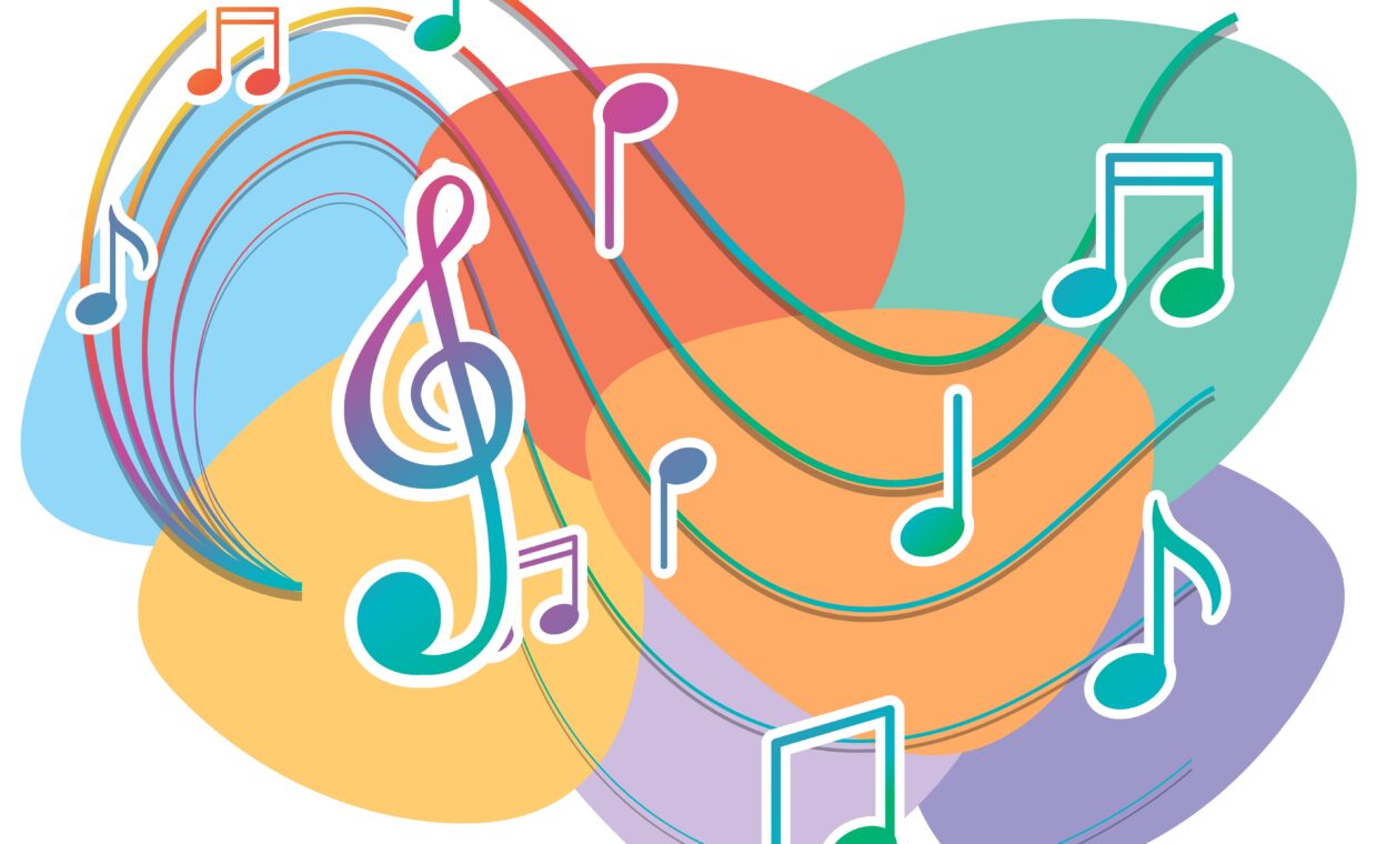 Music notes rainbow colourful on white background