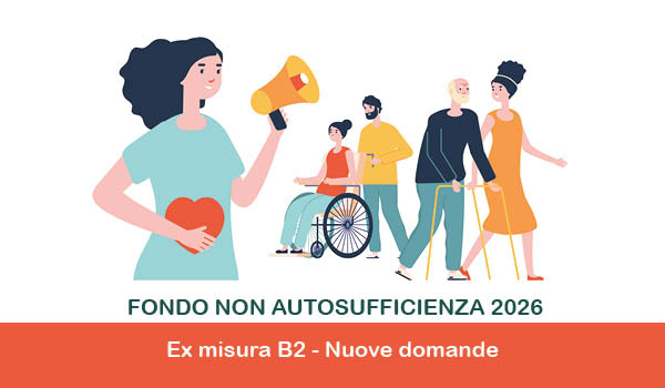 Grafica con disegni anziano con badante, persona disabile su carrozzinae donna con megafono e cuore