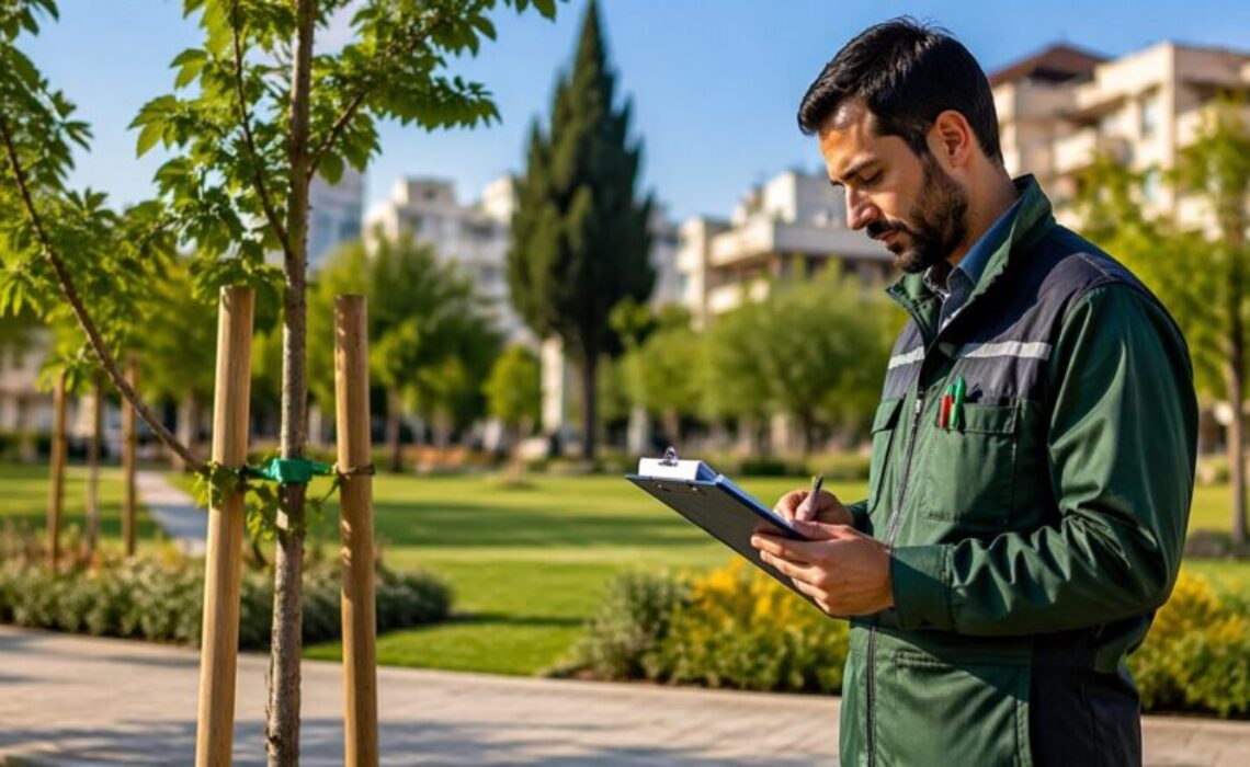 Agronomo che scrive perizia su alberatura