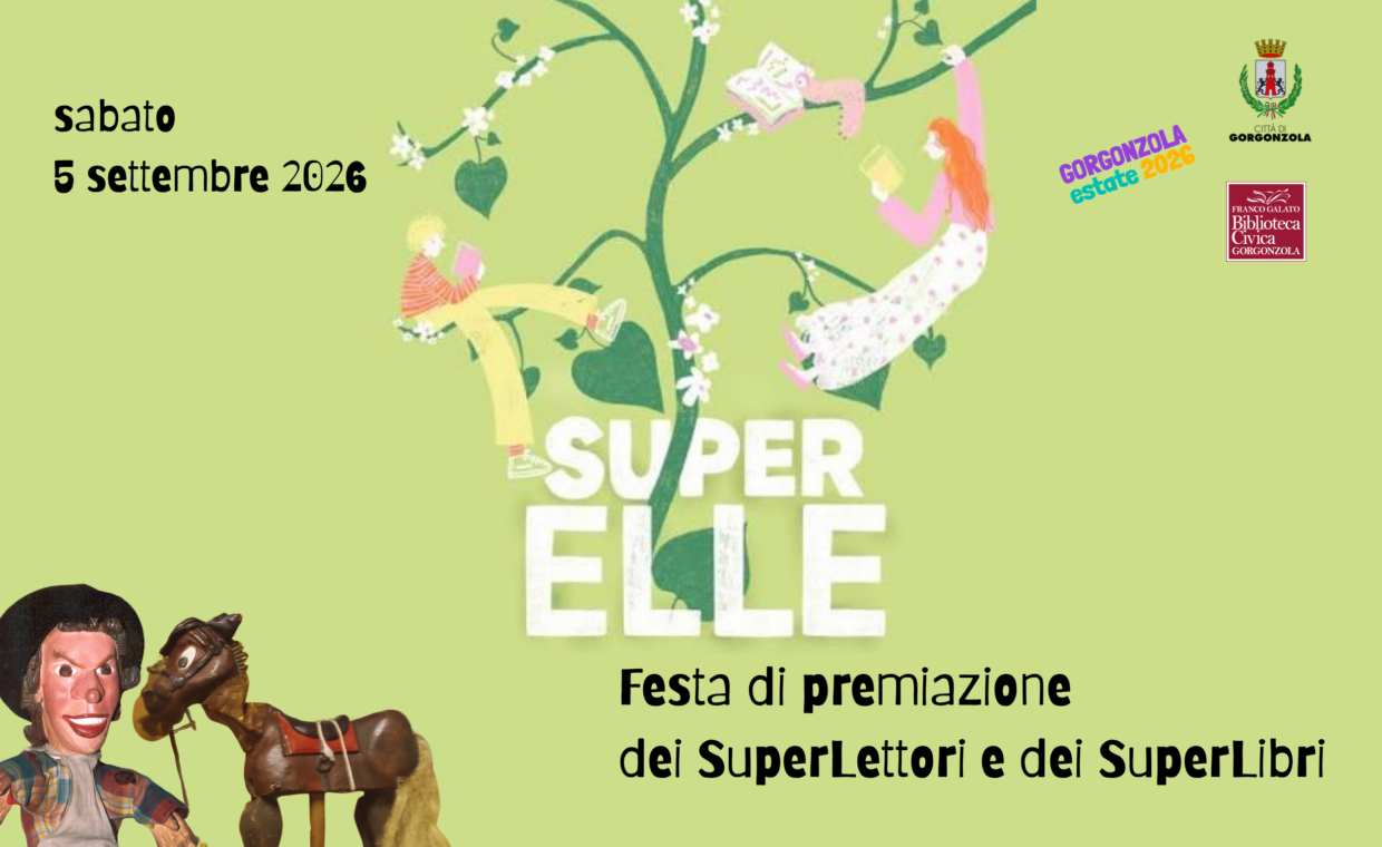 burattini e disegno concorso superElle 2026 con ragazzi che leggono aggrappandosi a un rampicante