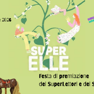 burattini e disegno concorso superElle 2026 con ragazzi che leggono aggrappandosi a un rampicante