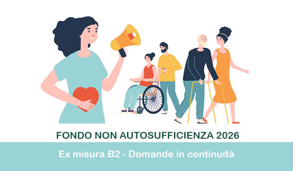 Grafica con disegni anziano con badante, persona disabile su carrozzinae donna con megafono e cuore
