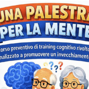 Dettaglio locandina con titolo e e disegno coppia di anziani, cervello, scacchi e ingranaggi