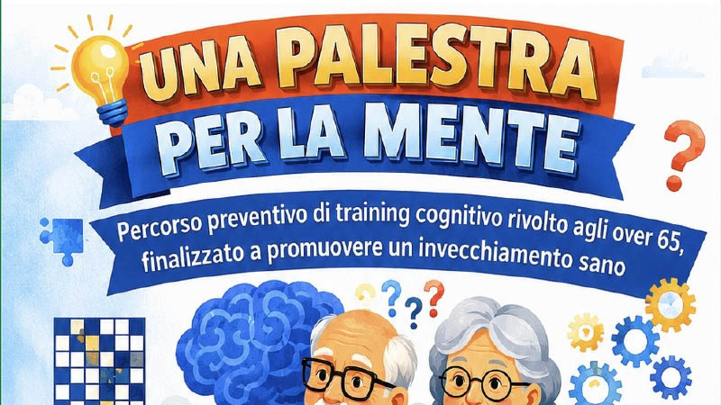 Dettaglio locandina con titolo e e disegno coppia di anziani, cervello, scacchi e ingranaggi