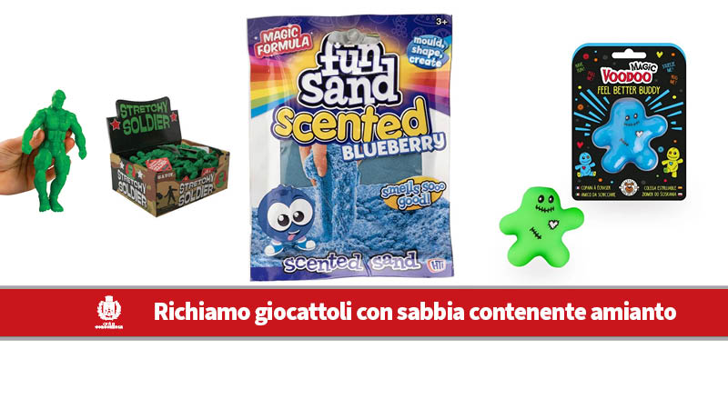 3 giocattoli contenenti sabbia amianto