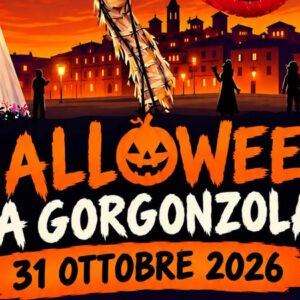 Disegno città illuminata da lampioni con persone che camminano e scritta Halloween a Gorgonzola 31 ottobre 2026 con zucca