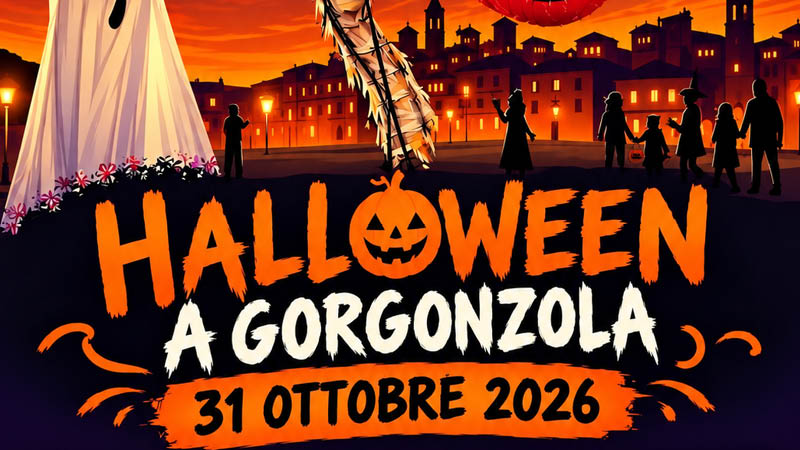 Disegno città illuminata da lampioni con persone che camminano e scritta Halloween a Gorgonzola 31 ottobre 2026 con zucca