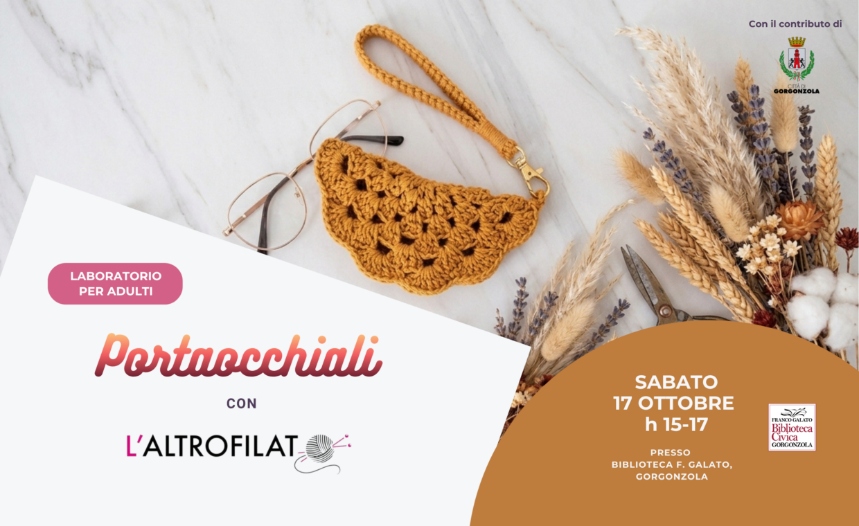 Porta occhiali all'uncinetto su ripiano con spighe e forbici